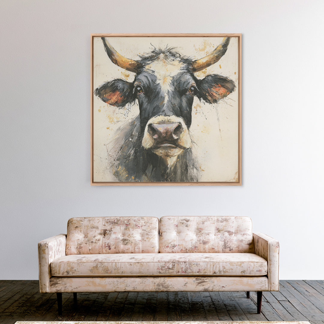 Steakhouse Black and Gold Bull Portrait Framed Canvas Print, Restaurant Art, Boho Decor, Restaurant Decor, Fine Art, Bistro, RES-1x1-79