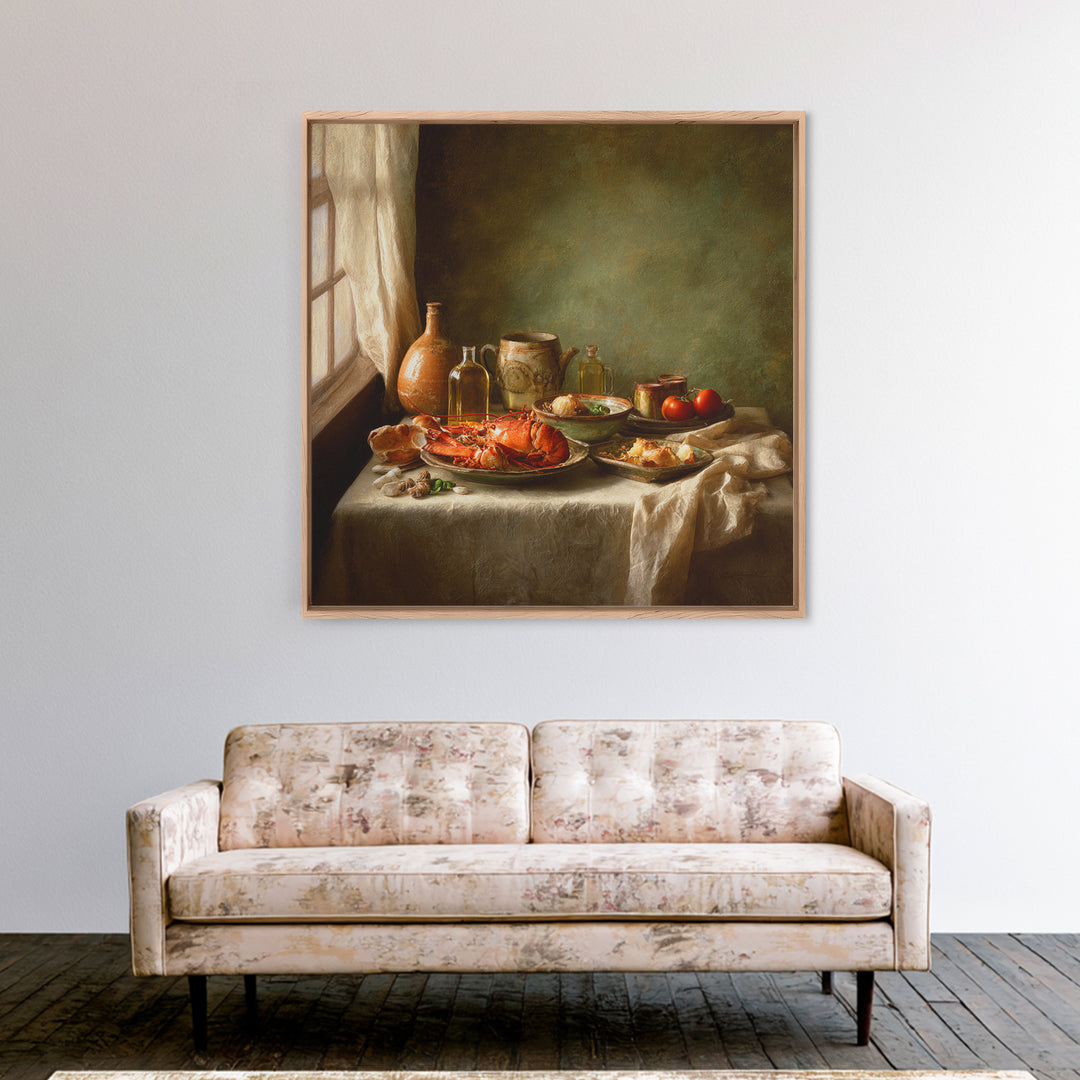 Seafood Lobster and Shell Arrangement Framed Canvas Print, Restaurant Art, Large Wall Art, Restaurant Decor, Fine Art, Bistro, RES-1x1-8