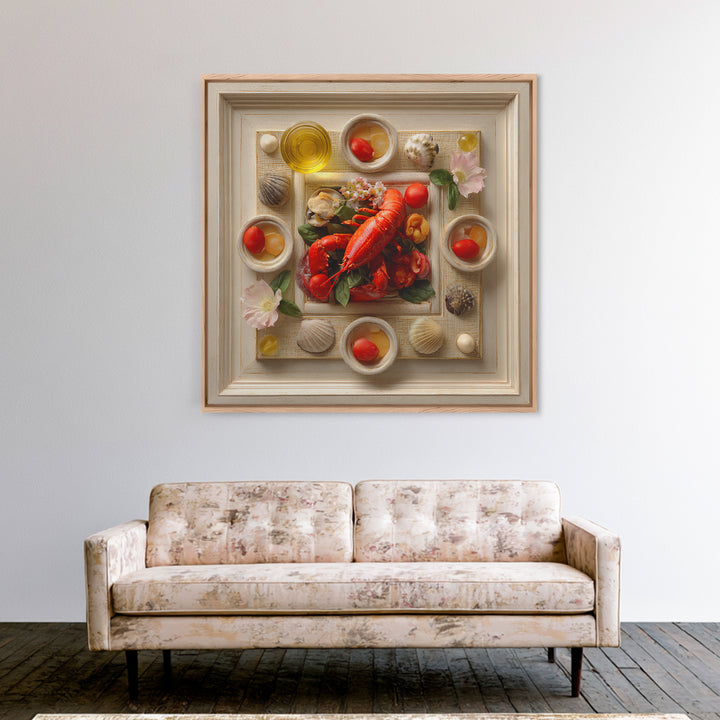 Seafood Lobster and Shell Arrangement Framed Canvas Print, Restaurant Art, Fine Art Print, Restaurant Decor, Fine Art, Bistro, RES-1x1-80