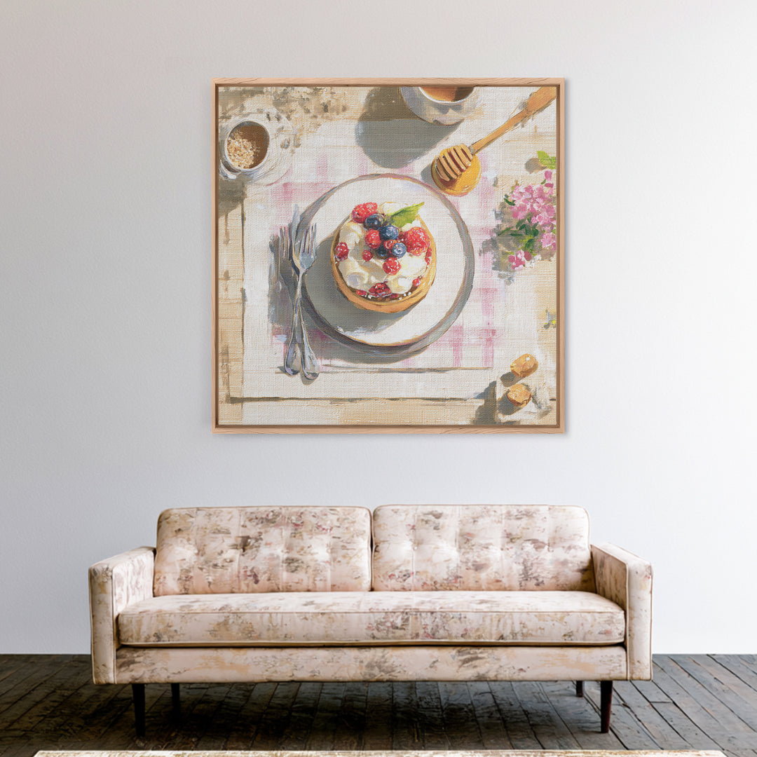 Dessert Tart with Berries and Cream Framed Canvas Print, Restaurant Art, Minimalist Decor, Restaurant Decor, Fine Art, Bistro, RES-1x1-88