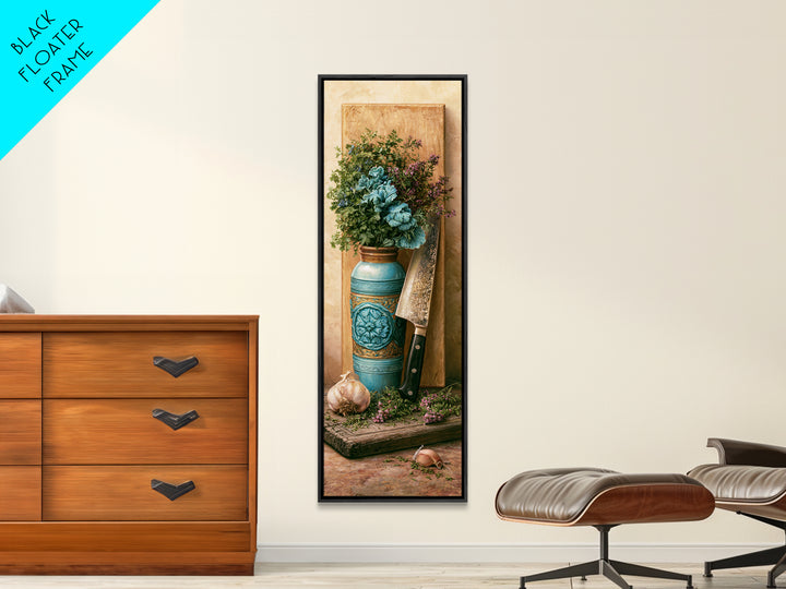 Chef Knife Herbs and Cutting Board Still Canvas Print, Restaurant Art, Boho Decor, Restaurant Decor, Oil Painting, Bistro, RES-1x3-97