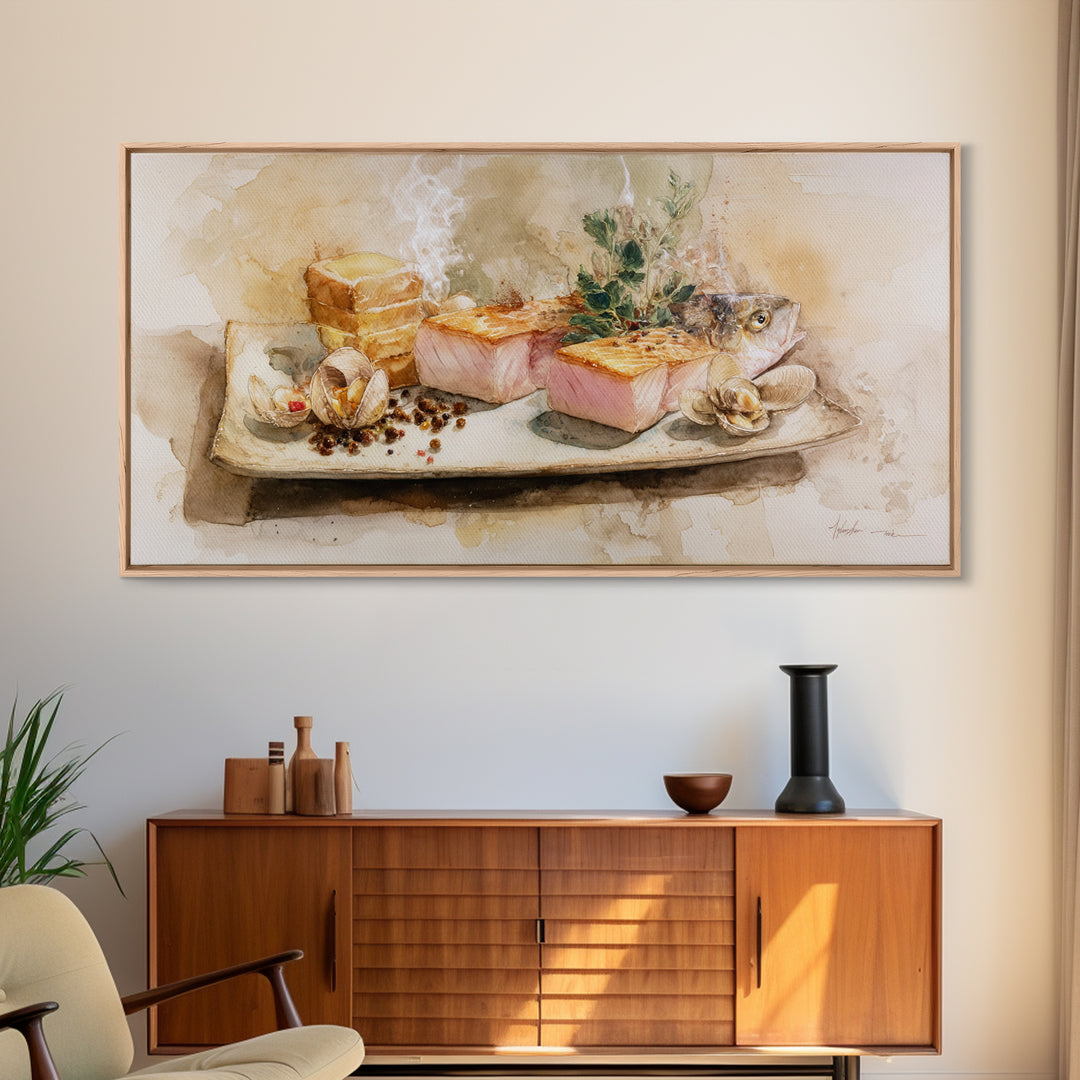 Sushi Fish and Ceramic Plate Composition Framed Canvas Print, Restaurant Art, Large Wall Art, Restaurant Decor, Bistro, RES-2x1-1