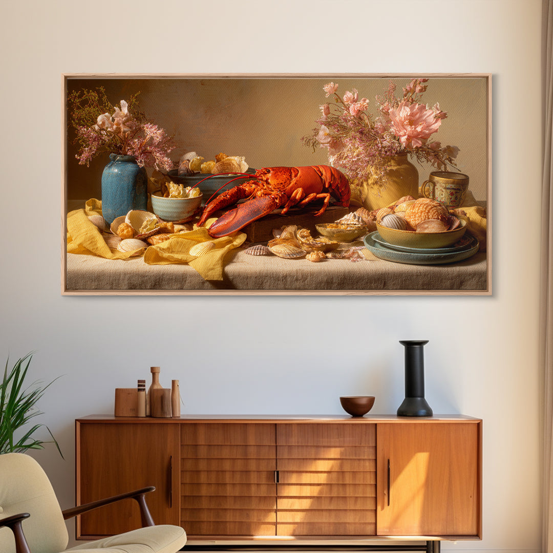 Seafood Lobster and Shell Arrangement Framed Canvas Print, Restaurant Art, Canvas Print, Restaurant Decor, Fine Art, Bistro, RES-2x1-100