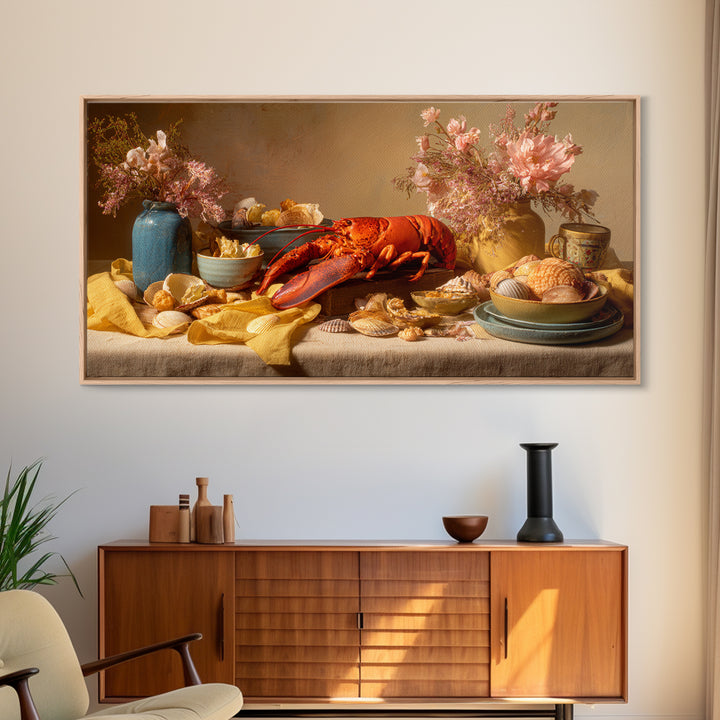 Seafood Lobster and Shell Arrangement Framed Canvas Print, Restaurant Art, Canvas Print, Restaurant Decor, Fine Art, Bistro, RES-2x1-100