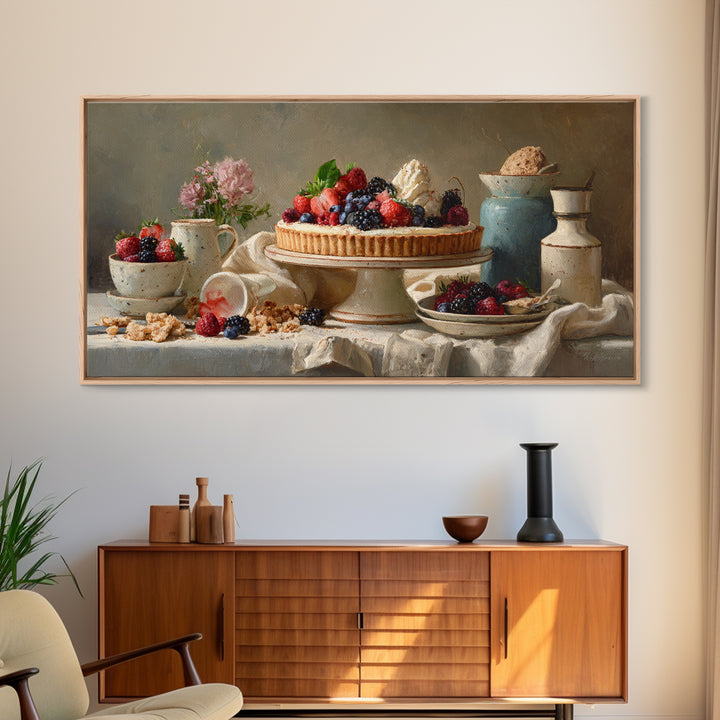 Dessert Tart with Berries and Cream Framed Canvas Print, Restaurant Art, Room Decor, Restaurant Decor, Fine Art, Bistro, RES-2x1-12