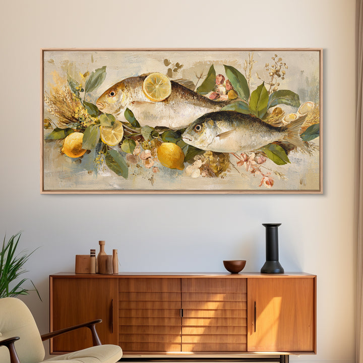 Fresh Fish with Lemon and Herbs Framed Canvas Print, Restaurant Art, Cool Wall Art, Restaurant Decor, Fine Art, Bistro, RES-2x1-19