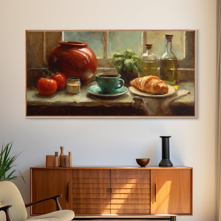 French Bistro Coffee and Croissant Still Life Canvas Print, Restaurant Art, Restaurant Decor, Abstract Art, Bistro, RES-2x1-2