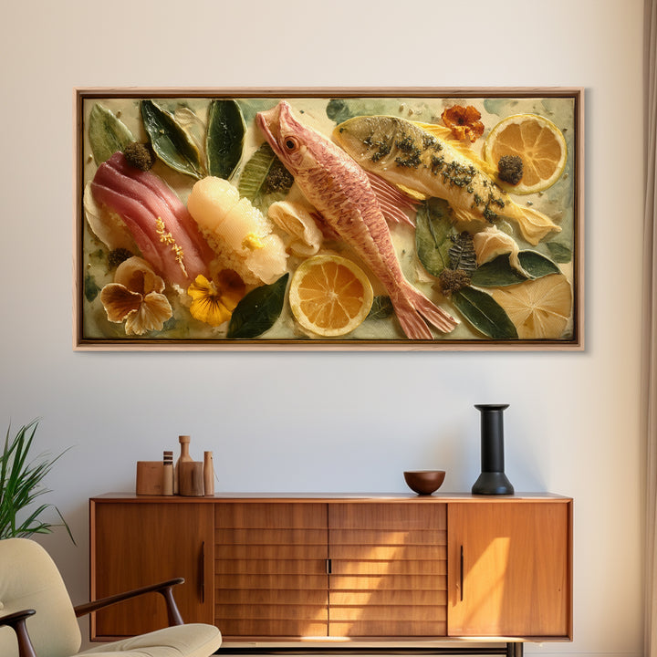 Sushi Fish and Ceramic Plate Composition Framed Canvas Print, Restaurant Art, Large Wall Art, Restaurant Decor, Bistro, RES-2x1-25