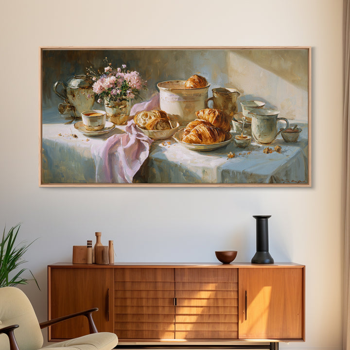 French Bistro Coffee and Croissant Still Life Canvas Print, Restaurant Art, Restaurant Decor, Abstract Art, Bistro, RES-2x1-26