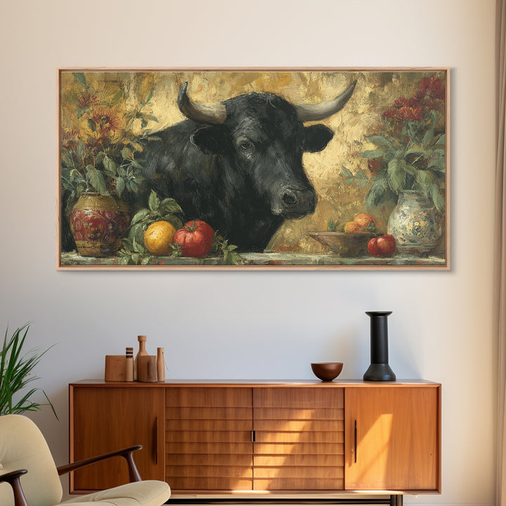 Steakhouse Black and Gold Bull Portrait Framed Canvas Print, Restaurant Art, Boho Decor, Restaurant Decor, Fine Art, Bistro, RES-2x1-27