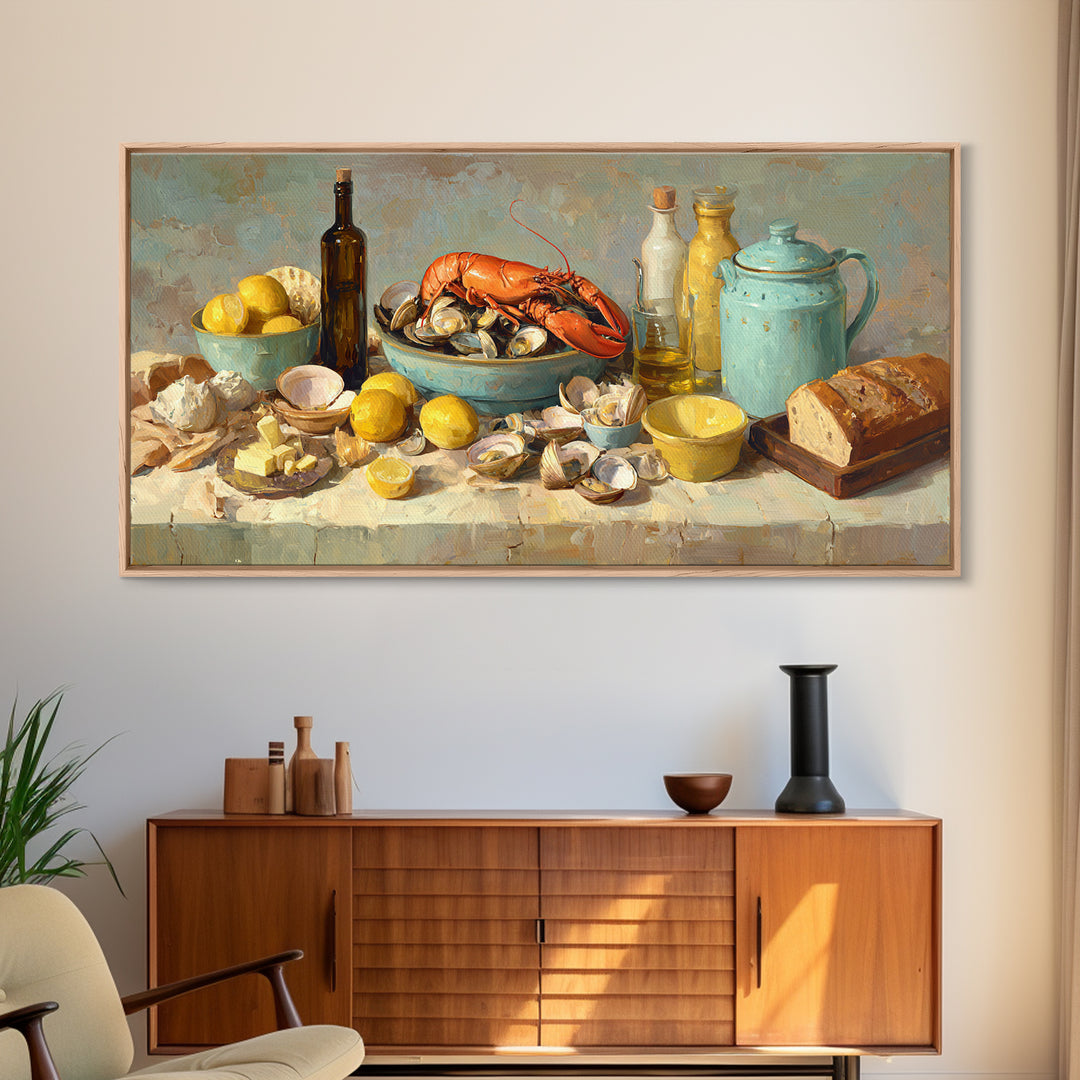 Seafood Lobster and Shell Arrangement Framed Canvas Print, Restaurant Art, Contemporary Art, Restaurant Decor, Fine Art, Bistro, RES-2x1-28