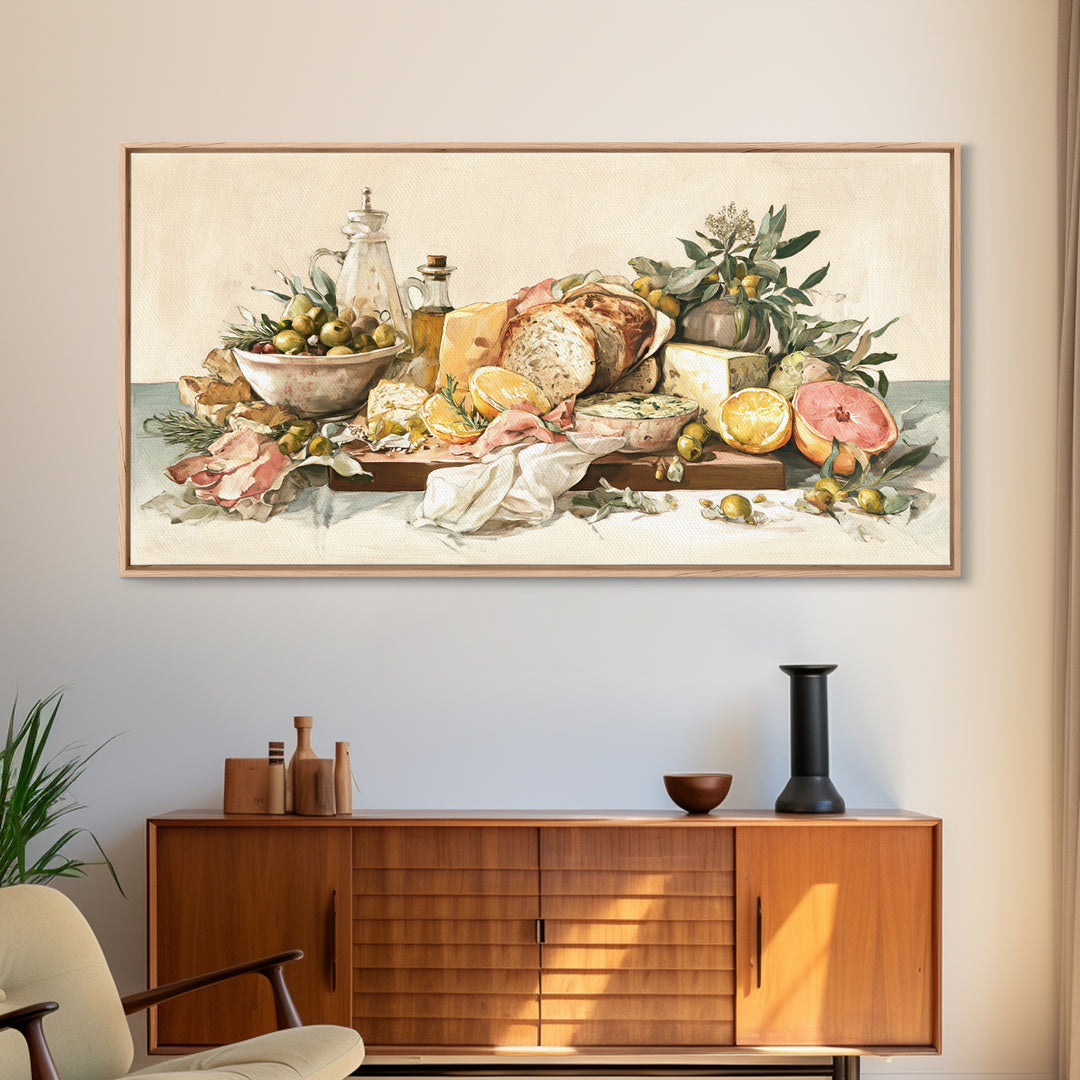 Mediterranean Olives Bread and Cheese Board Canvas Print, Restaurant Art, Framed Wall Art, Restaurant Decor, Bistro, Food Art, RES-2x1-29