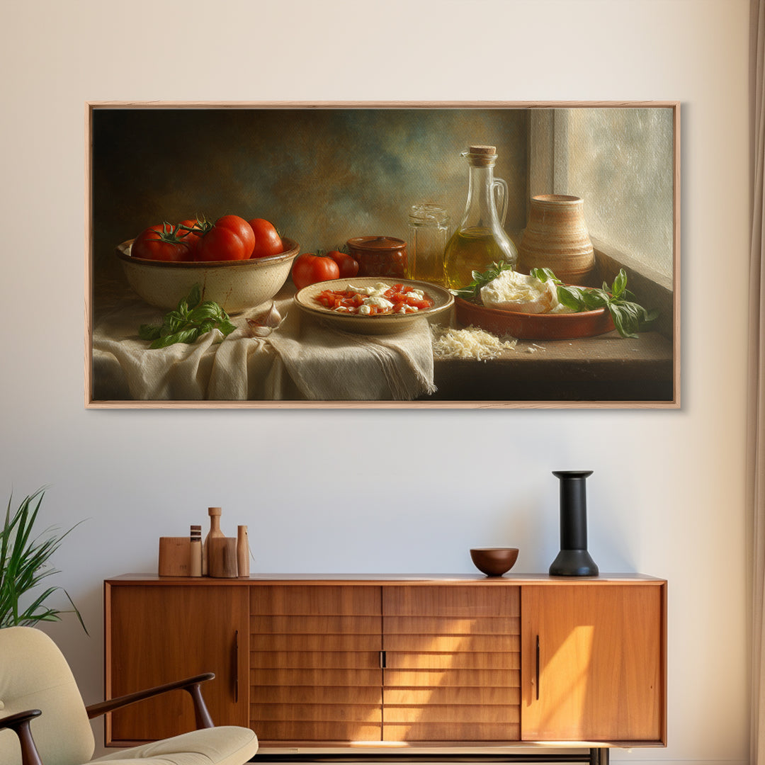 Pizzeria Tomato Basil and Mozzarella Still Life Canvas Print, Restaurant Art, Minimalist Decor, Restaurant Decor, Bistro, RES-2x1-30