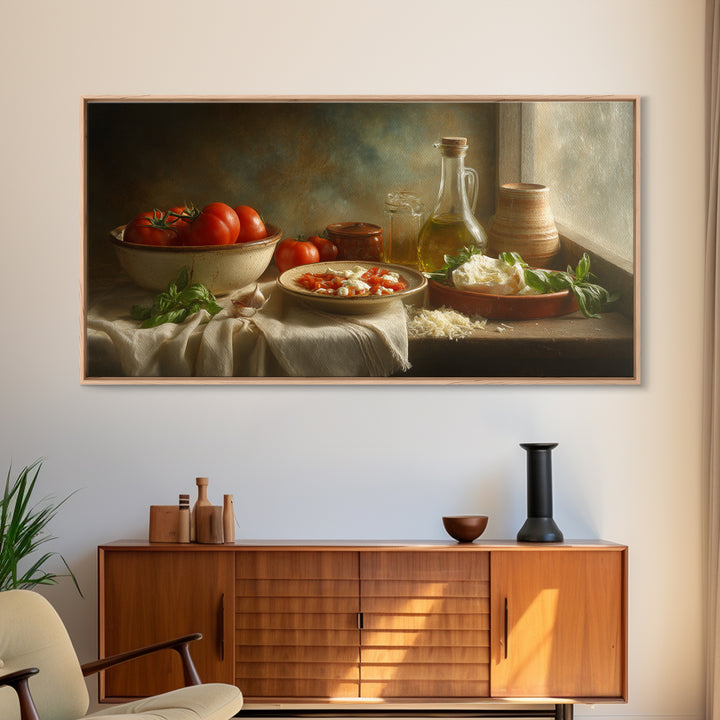 Pizzeria Tomato Basil and Mozzarella Still Life Canvas Print, Restaurant Art, Minimalist Decor, Restaurant Decor, Bistro, RES-2x1-30