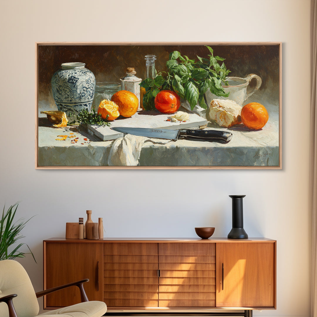Chef Knife Herbs and Cutting Board Still Framed Canvas Print, Restaurant Art, Art Print, Restaurant Decor, Fine Art, Bistro, RES-2x1-33