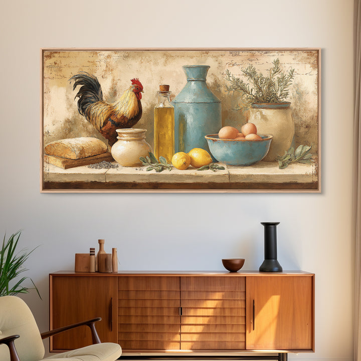 Rooster and Herbs for Farmhouse Restaurant Mood Framed Canvas Print, Restaurant Art, Poster, Restaurant Decor, Fine Art, Bistro, RES-2x1-40