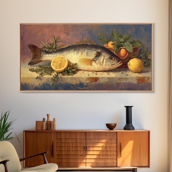 Fresh Fish with Lemon and Herbs Framed Canvas Print, Restaurant Art, Large Wall Art, Restaurant Decor, Fine Art, Bistro, RES-2x1-43