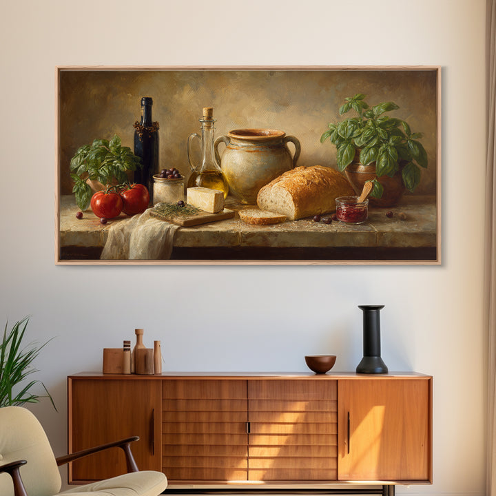 Mediterranean Olives Bread and Cheese Board Canvas Print, Restaurant Art, Framed Wall Art, Restaurant Decor, Bistro, Food Art, RES-2x1-5