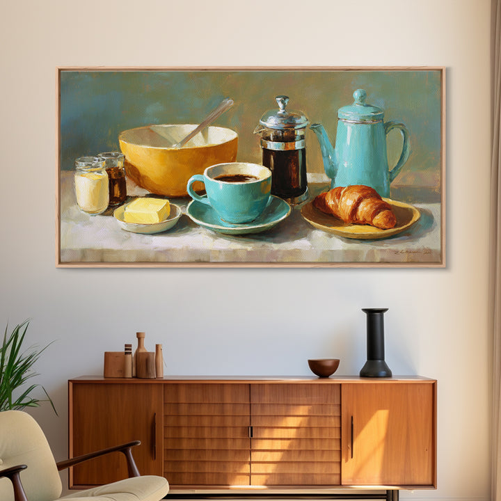 French Bistro Coffee and Croissant Still Life Framed Canvas Print, Restaurant Art, Wall Decor, Restaurant Decor, Bistro, RES-2x1-50