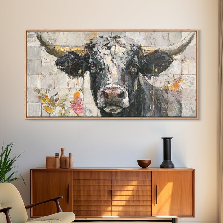 Steakhouse Black and Gold Bull Portrait Framed Canvas Print, Restaurant Art, Farmhouse Decor, Restaurant Decor, Bistro, RES-2x1-51