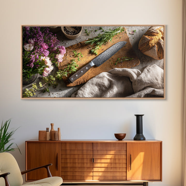 Chef Knife Herbs and Cutting Board Still Canvas Print, Restaurant Art, Canvas Wall Art, Restaurant Decor, Fine Art, Bistro, RES-2x1-57