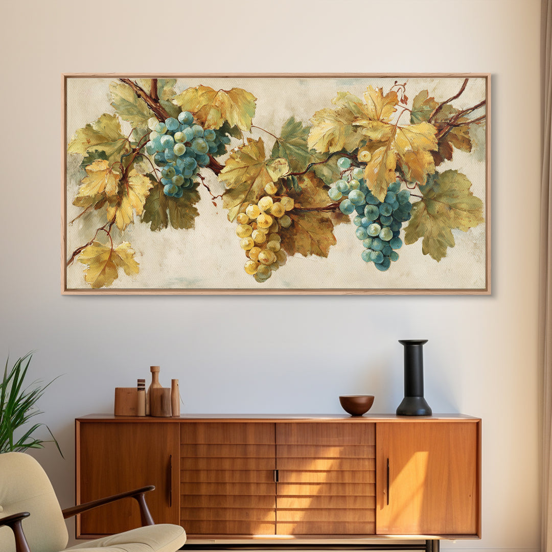 Wine Grapevine Botanical Study Framed Canvas Print, Restaurant Art, Bedroom Wall Art, Restaurant Decor, Watercolor Art, Bistro, RES-2x1-59