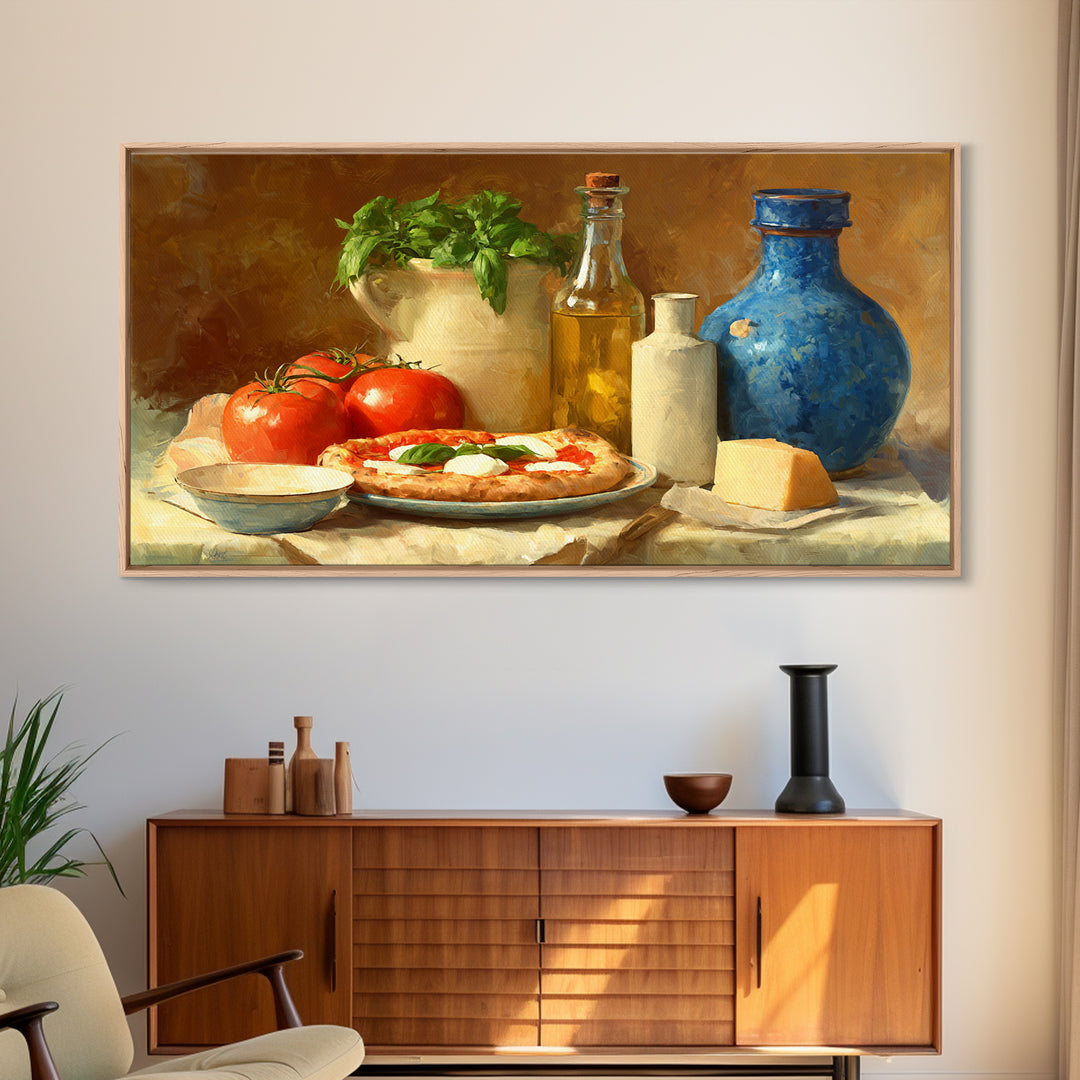 Pizzeria Tomato Basil and Mozzarella Still Life Canvas Print, Restaurant Art, Minimalist Decor, Restaurant Decor, Bistro, RES-2x1-6