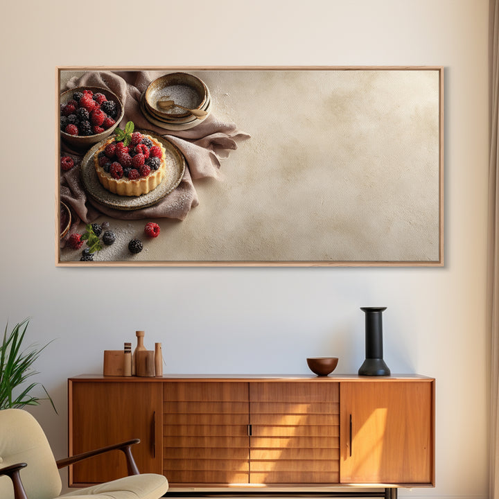 Dessert Tart with Berries and Cream Framed Canvas Print, Restaurant Art, Restaurant Decor, Oil Painting, Bistro, RES-2x1-60