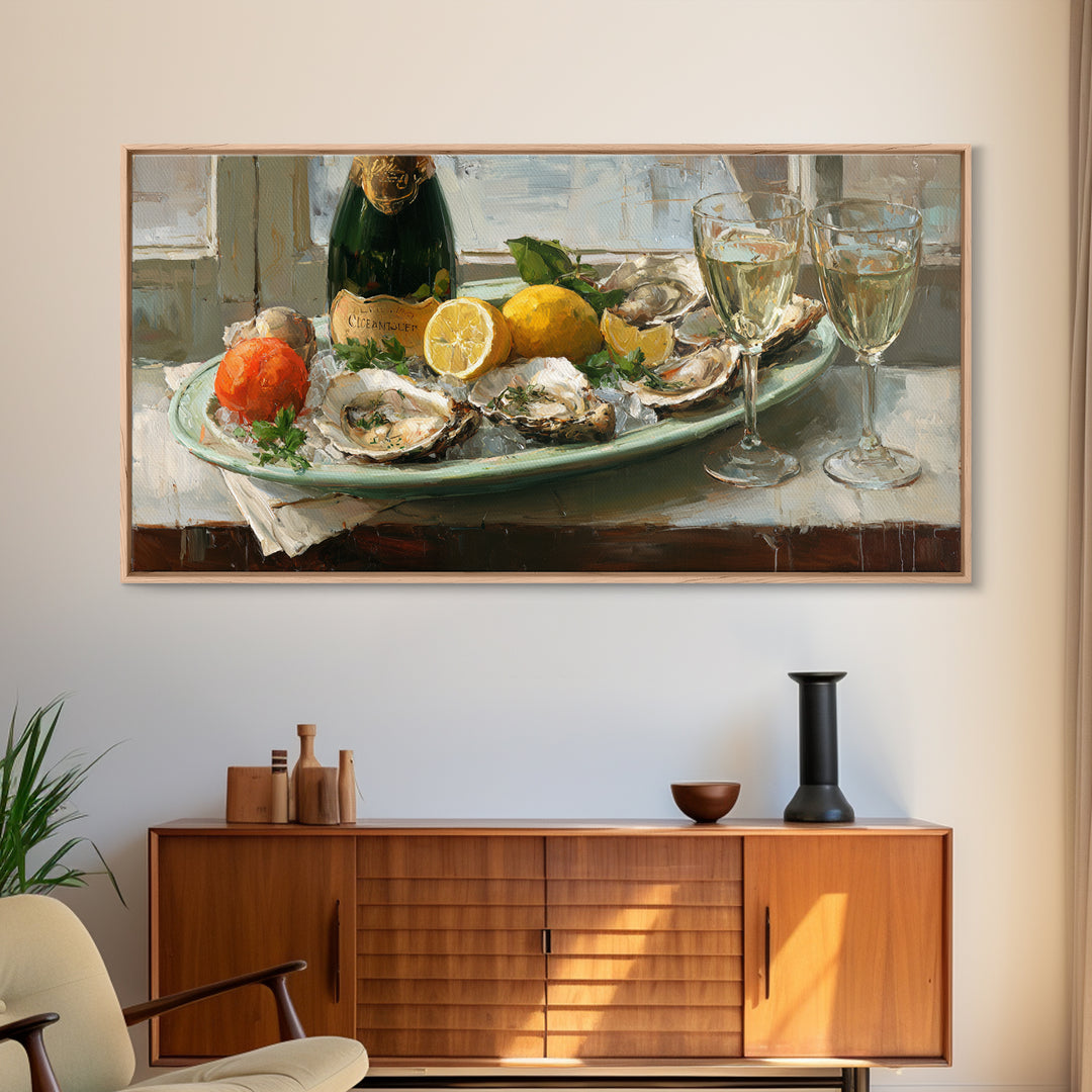 Oyster Platter with Lemons and Champagne Canvas Print, Restaurant Art, Watercolor Art, Restaurant Decor, Abstract Art, Bistro, RES-2x1-71