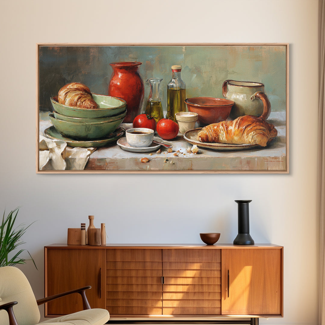 French Bistro Coffee and Croissant Still Life Canvas Print, Restaurant Art, Framed Wall Art, Restaurant Decor, Watercolor Art, RES-2x1-74