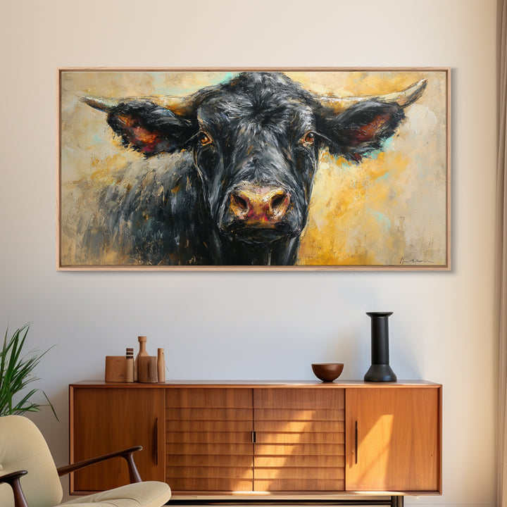 Steakhouse Black and Gold Bull Portrait Framed Canvas Print, Restaurant Art, Room Decor, Restaurant Decor, Oil Painting, Bistro, RES-2x1-75