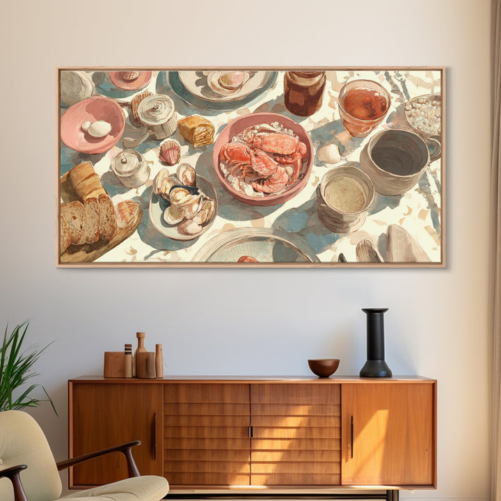 Seafood Lobster and Shell Arrangement Canvas Print, Restaurant Art, Kitchen Art, Restaurant Decor, Fine Art, Bistro, Food Art, RES-2x1-76