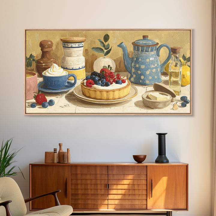 Dessert Tart with Berries and Cream Framed Canvas Print, Restaurant Art, Living Room Decor, Restaurant Decor, Fine Art, Bistro, RES-2x1-84