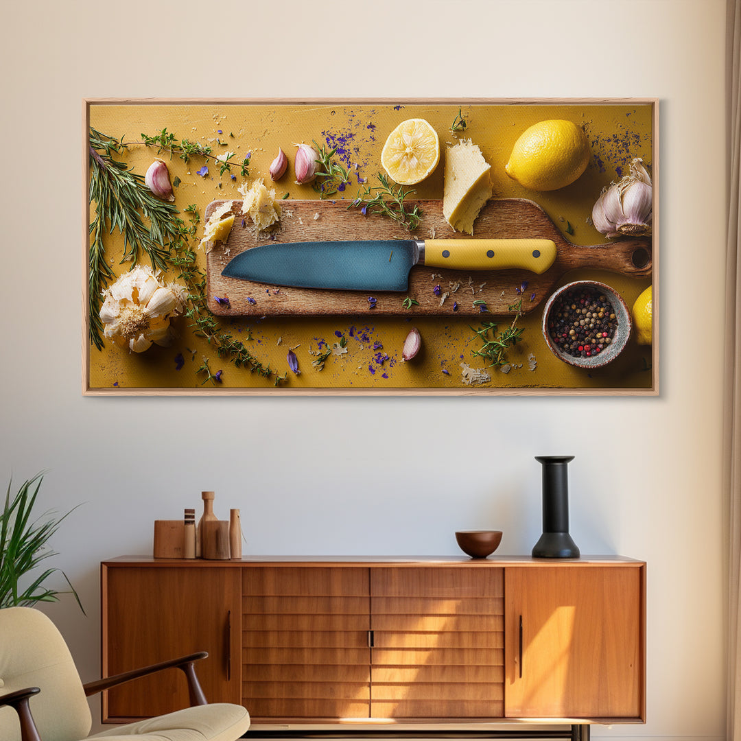 Chef Knife Herbs and Cutting Board Still Framed Canvas Print, Restaurant Art, Art Print, Restaurant Decor, Fine Art, Bistro, RES-2x1-9