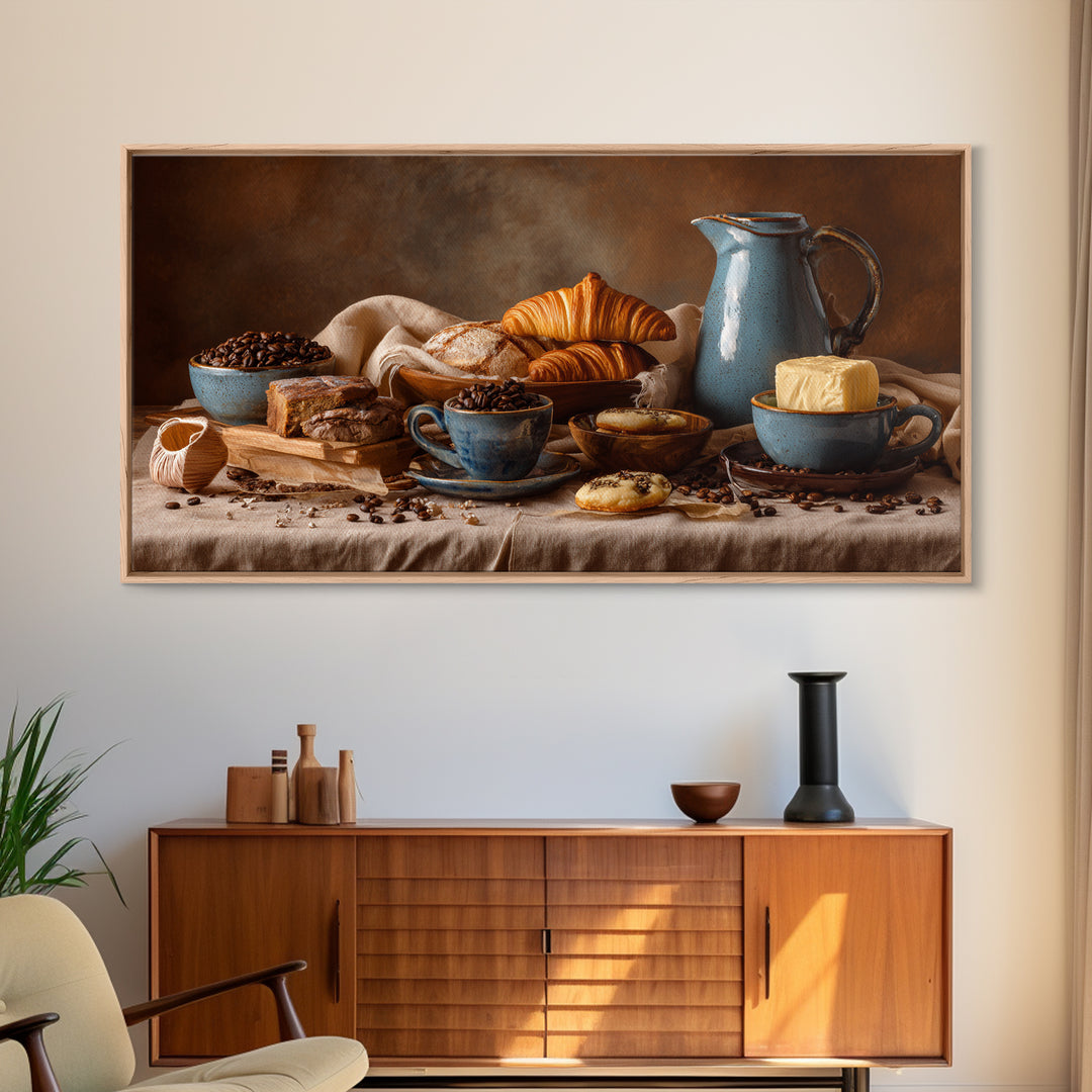 Coffee Beans and Pastry Arrangement Framed Canvas Print, Restaurant Art, Restaurant Decor, Oil Painting, Bistro, RES-2x1-90