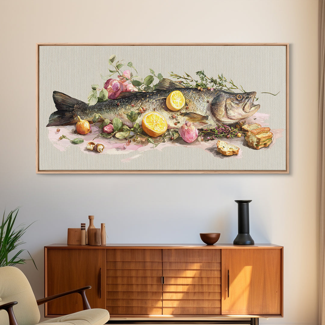 Fresh Fish with Lemon and Herbs Framed Canvas Print, Restaurant Art, Kitchen Decor, Restaurant Decor, Fine Art, Bistro, RES-2x1-91