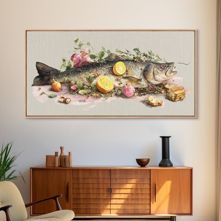 Fresh Fish with Lemon and Herbs Framed Canvas Print, Restaurant Art, Kitchen Decor, Restaurant Decor, Fine Art, Bistro, RES-2x1-91