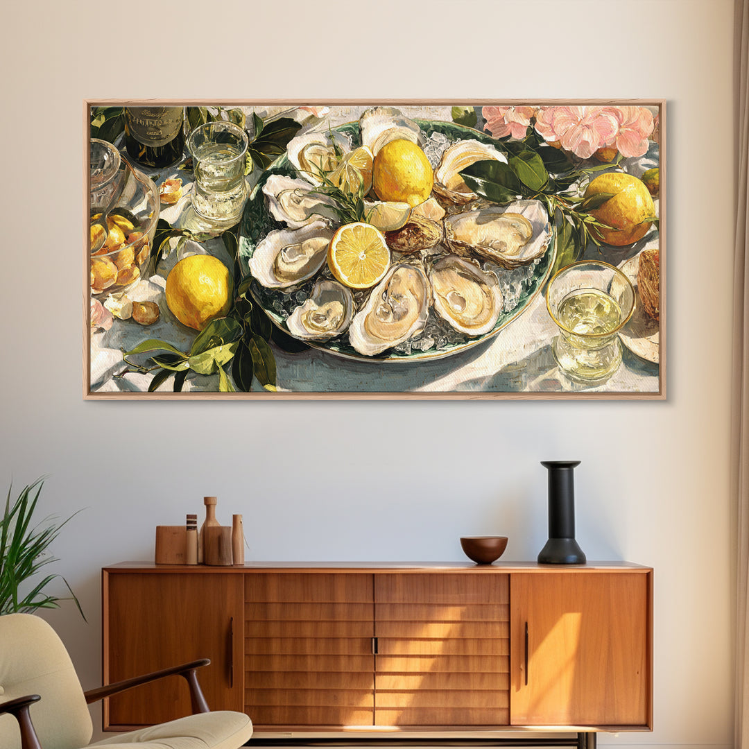 Oyster Platter with Lemons and Champagne Framed Canvas Print, Restaurant Art, Neutral Decor, Restaurant Decor, Fine Art, Bistro, RES-2x1-95