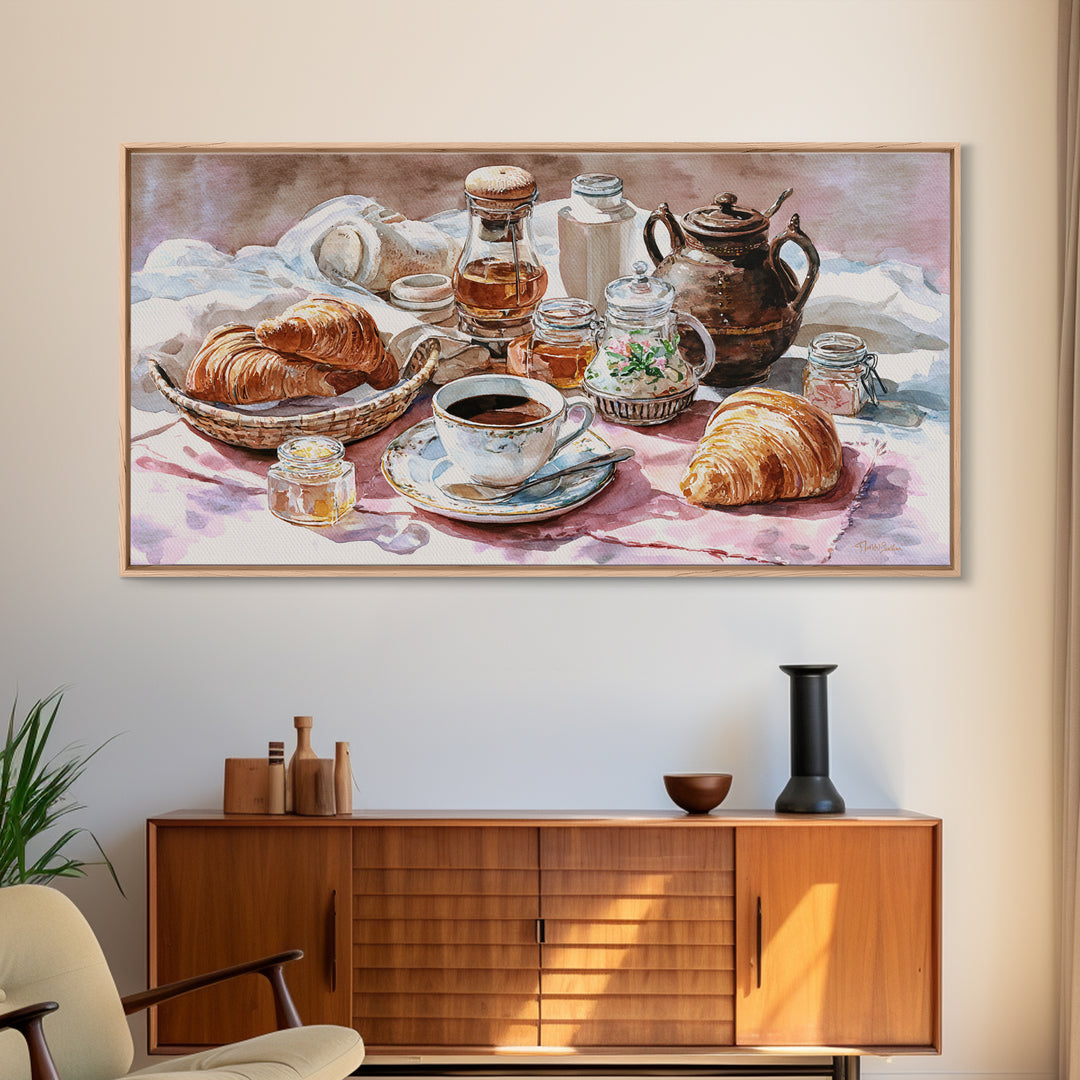 French Bistro Coffee and Croissant Still Life Canvas Print, Restaurant Art, Framed Wall Art, Restaurant Decor, Watercolor Art, RES-2x1-98