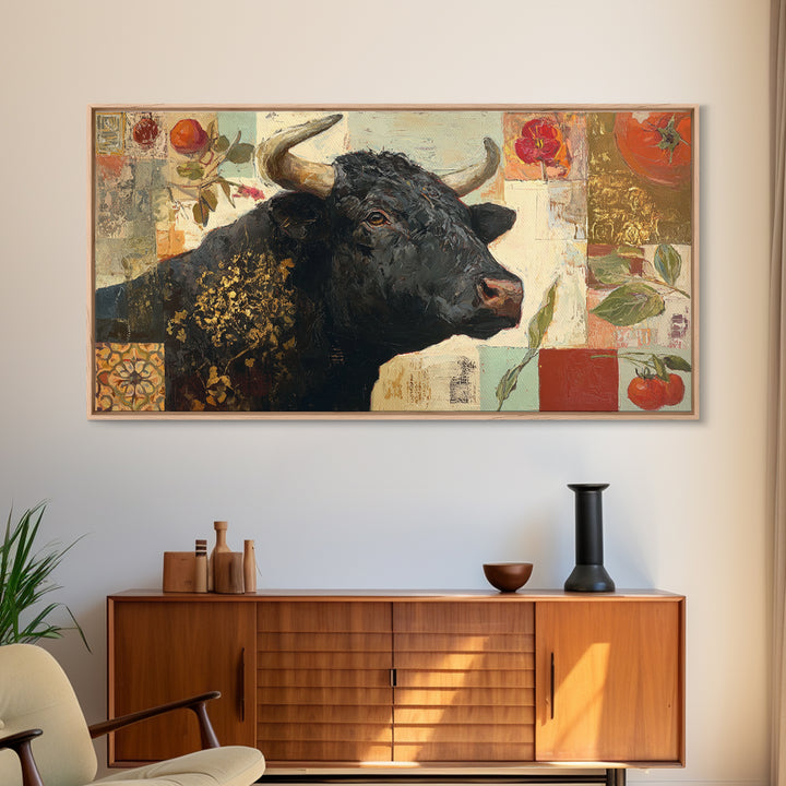 Steakhouse Black and Gold Bull Portrait Framed Canvas Print, Restaurant Art, Living Room Decor, Restaurant Decor, Bistro, RES-2x1-99