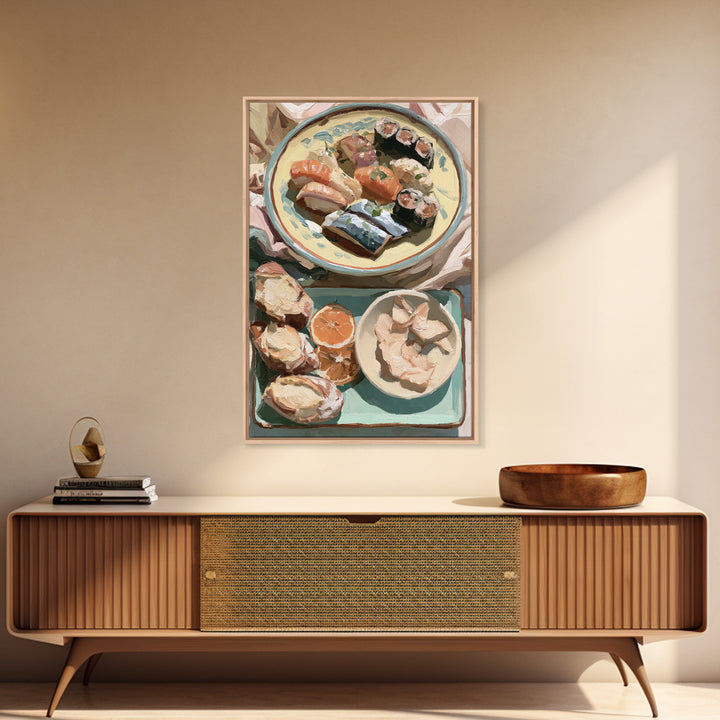 Sushi Fish and Ceramic Plate Composition Framed Canvas Print, Restaurant Art, Kitchen Decor, Restaurant Decor, Fine Art, Bistro, RES-2x3-13