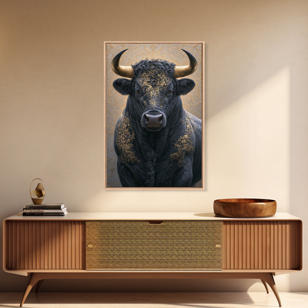 Steakhouse Black and Gold Bull Portrait Canvas Print, Restaurant Art, Minimalist Decor, Restaurant Decor, Fine Art, Bistro, RES-2x3-15