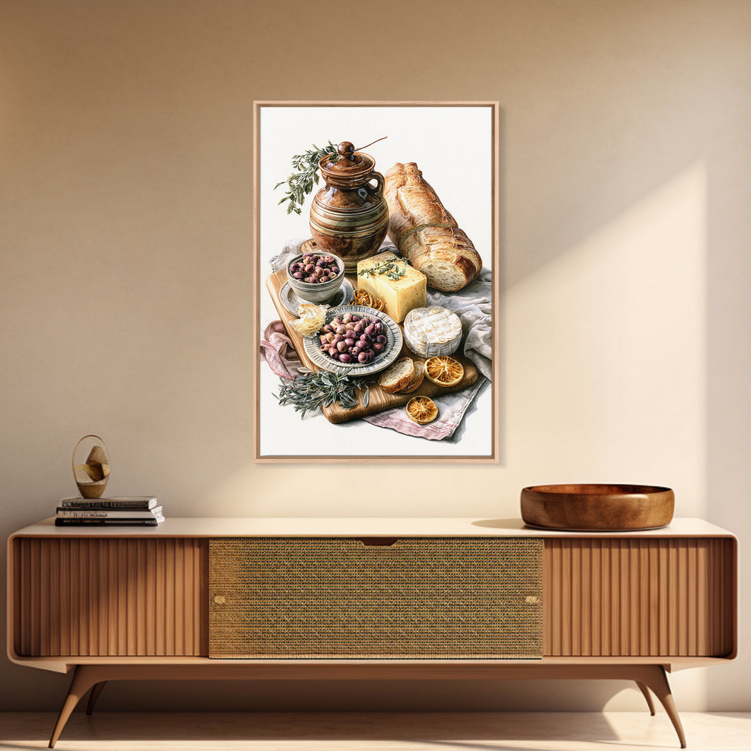 Mediterranean Olives Bread and Cheese Board Canvas Print, Restaurant Art, Kitchen Wall Art, Restaurant Decor, Bistro, RES-2x3-17