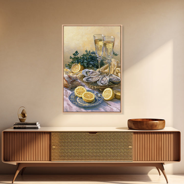 Oyster Platter with Lemons and Champagne Canvas Print, Restaurant Art, Framed Wall Art, Restaurant Decor, Watercolor Art, RES-2x3-35