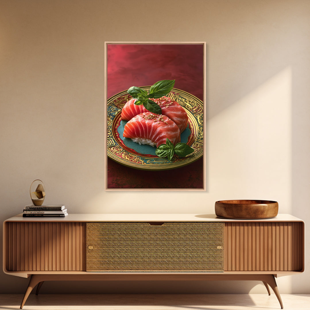 Sushi Fish and Ceramic Plate Composition Framed Canvas Print, Restaurant Art, Kitchen Decor, Restaurant Decor, Fine Art, Bistro, RES-2x3-37