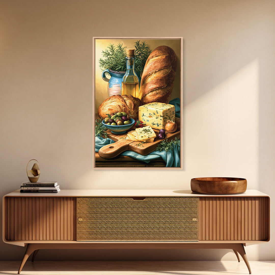 Mediterranean Olives Bread and Cheese Board Canvas Print, Restaurant Art, Kitchen Wall Art, Restaurant Decor, Bistro, RES-2x3-41
