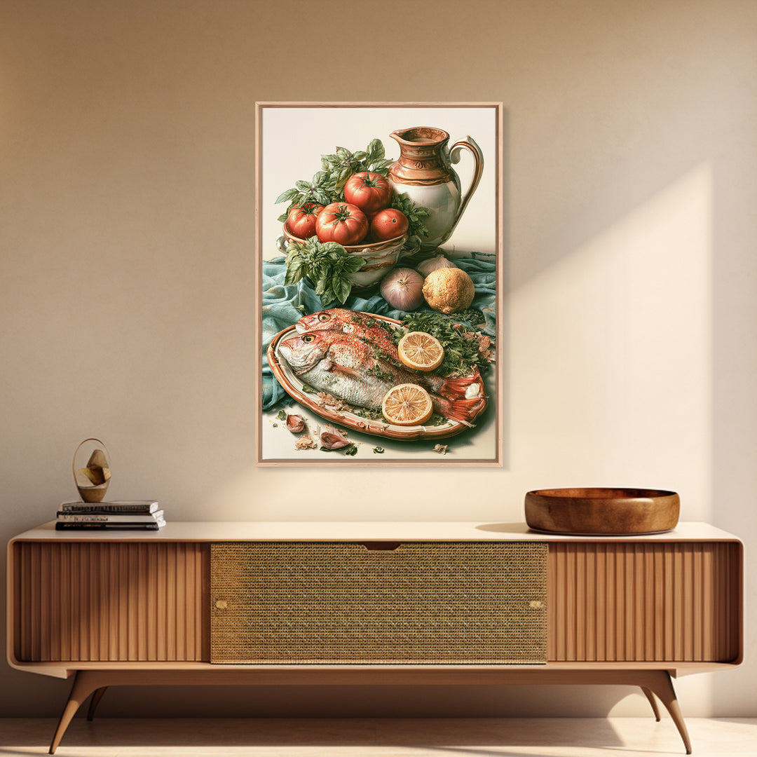 Fresh Fish with Lemon and Herbs Framed Canvas Print, Restaurant Art, Large Wall Art, Restaurant Decor, Fine Art, Bistro, RES-2x3-55