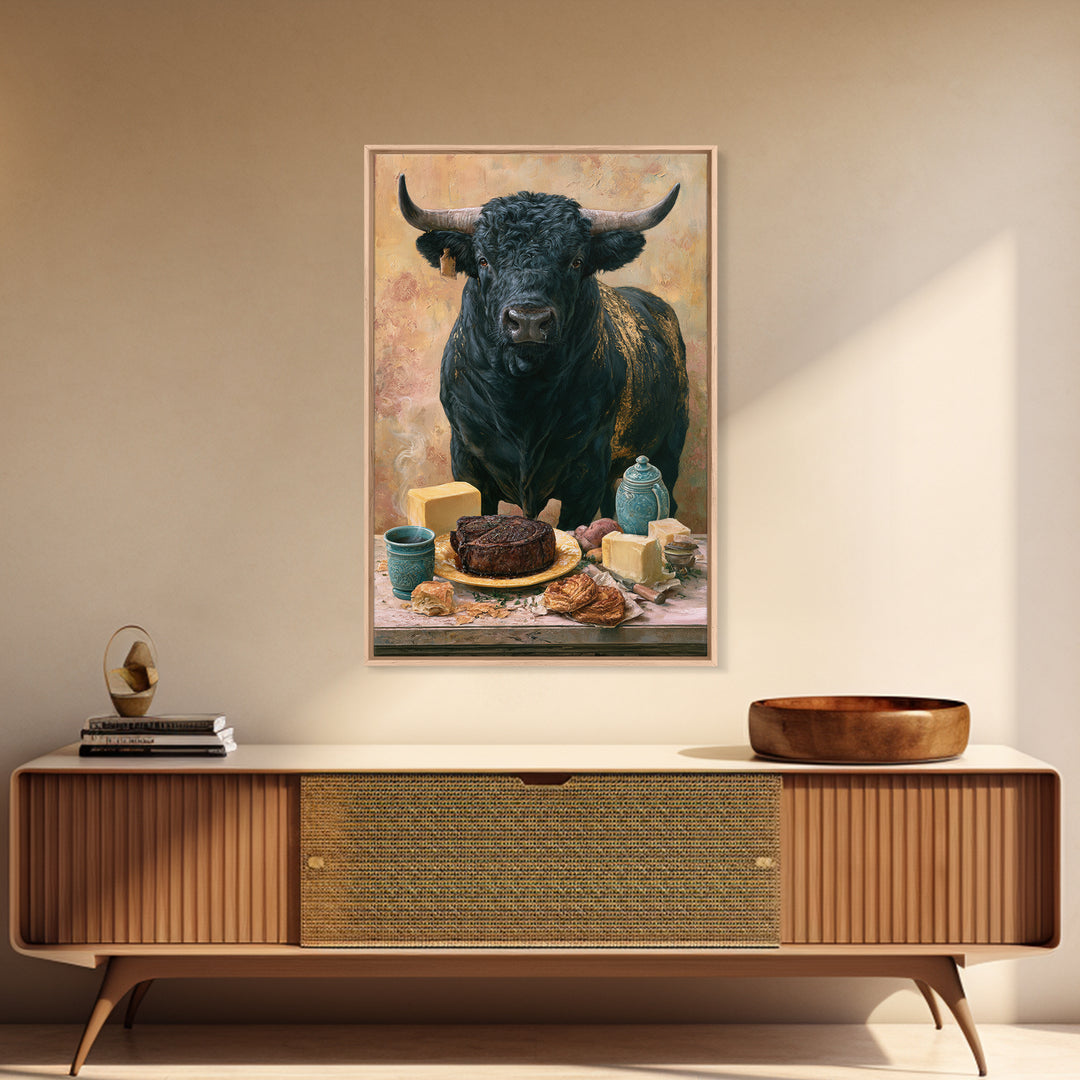 Steakhouse Black and Gold Bull Portrait Framed Canvas Print, Restaurant Art, Farmhouse Decor, Restaurant Decor, Bistro, RES-2x3-63