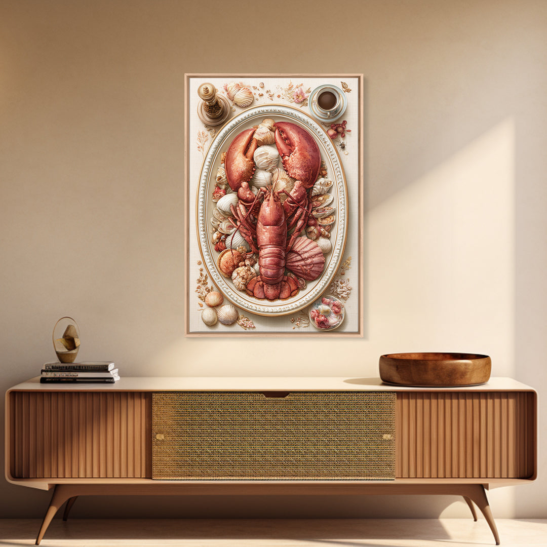 Seafood Lobster and Shell Arrangement Framed Canvas Print, Restaurant Art, Printable Wall Art, Restaurant Decor, Bistro, RES-2x3-64