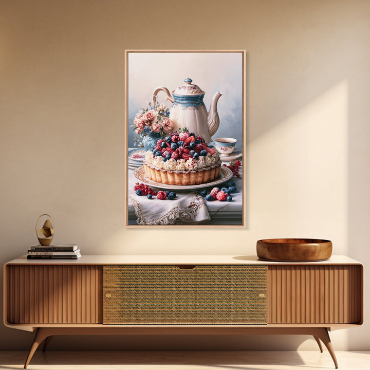 Dessert Tart with Berries and Cream Canvas Print, Restaurant Art, Wall Art Prints, Restaurant Decor, Oil Painting, Bistro, RES-2x3-72